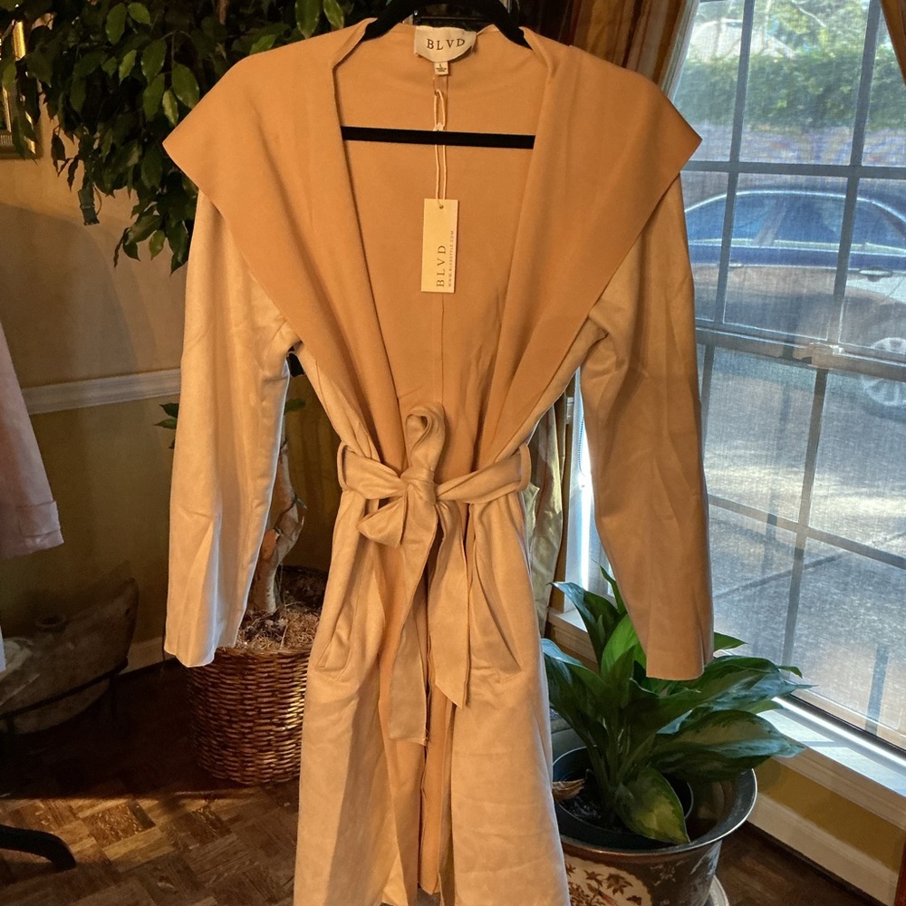BLVD Tan and Cream Suede Trench Coat